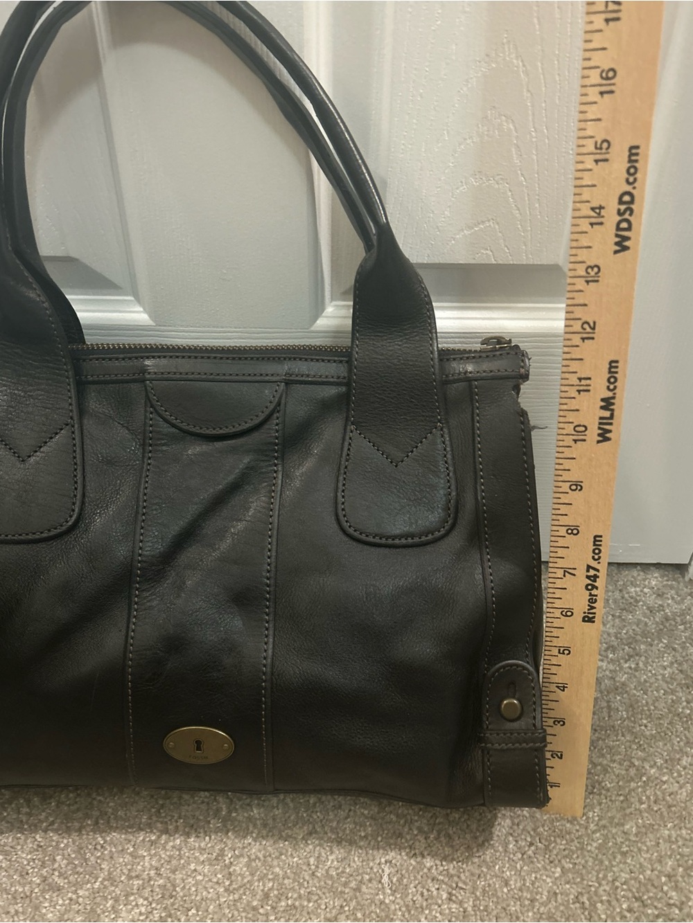 Fossil Dark Brown Leather Satchel Shoulder Bag Key Charm - Picture 9 of 14